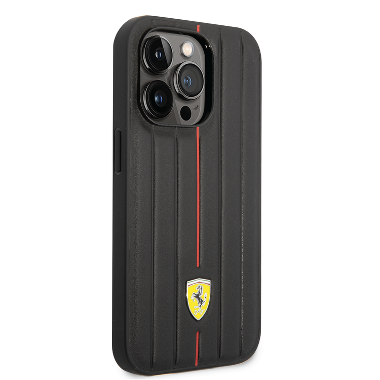 Ferrari Leather Case With Embossed Stripes & Yellow Shield Logo - iPhone 14 Pro Max - Black