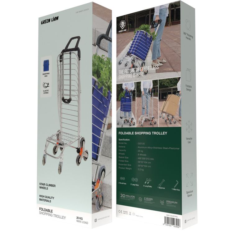 Green Lion Foldable Shopping Trolley with Shopping Bag & Elastic Ring, 20kg Maximum Load, Multiple Use, 8 Wheels, 360° Rotating Handle - Silver