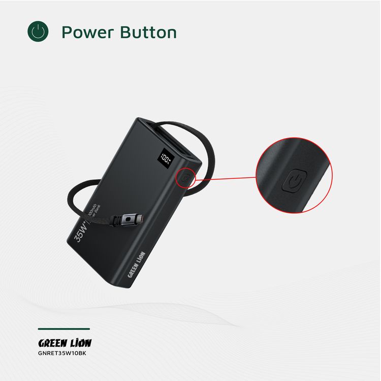 باور بانك جرين لايون 10000mAh قابل للسحب بقدرة 35W، مع شاشة LED، طول الكابل 75 سم، منفذ Type-C، دعم الشحن السريع - أسود