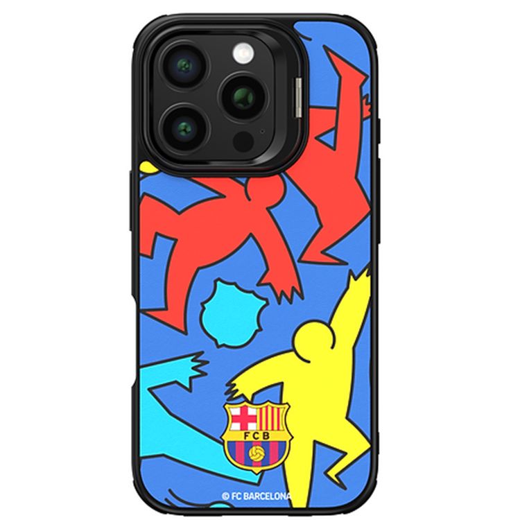 FC Barcelona Magnetic Case for iPhone 15 Pro, Premium Synthetic Leather, MagSafe Compatible, Built-in Ring Kickstand, Strong Neodymium Magnets, Shock Absorption - Silhouettes Playing
