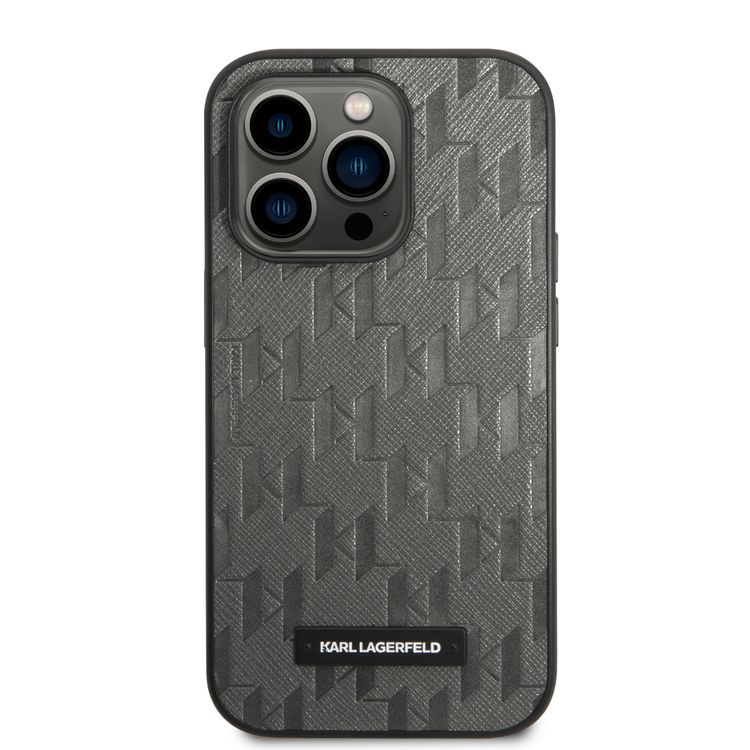 Karl Lagerfeld Saffiano Monogram Case with Metal Plate Logo iPhone 14 Pro Max Compatibility - Grey