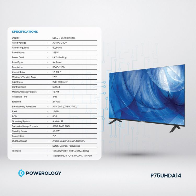 باورولوجي تلفزيون سمارت أندرويد 75 بوصة بدعم HDR، 3 مداخل HD، حجم ذاكرة RAM 1.5GB، دعم يوتيوب، نتفليكس، وشاهد، 4K ألترا اتش دي - أسود