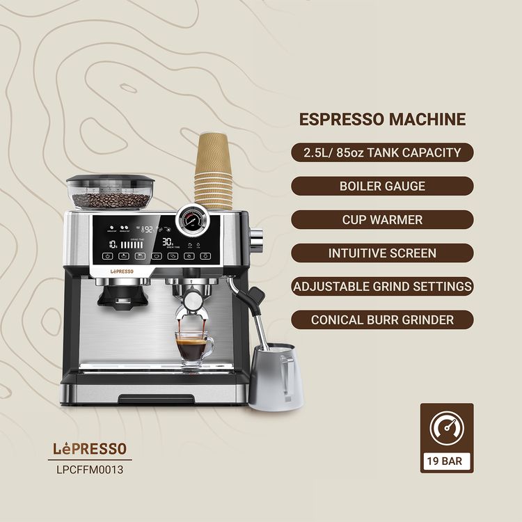 ماكينة صنع قهوة اسبريسو LePresso Advanced ذات شاشة لمس تفاعلية، مضخة ULKA 19 بار، 1350 واط، سعة خزان مياه 2.5 لتر، مقياس غلاية، مطحنة مخروطية الشكل، إعدادات طحن قابلة للتعديل - فضي
