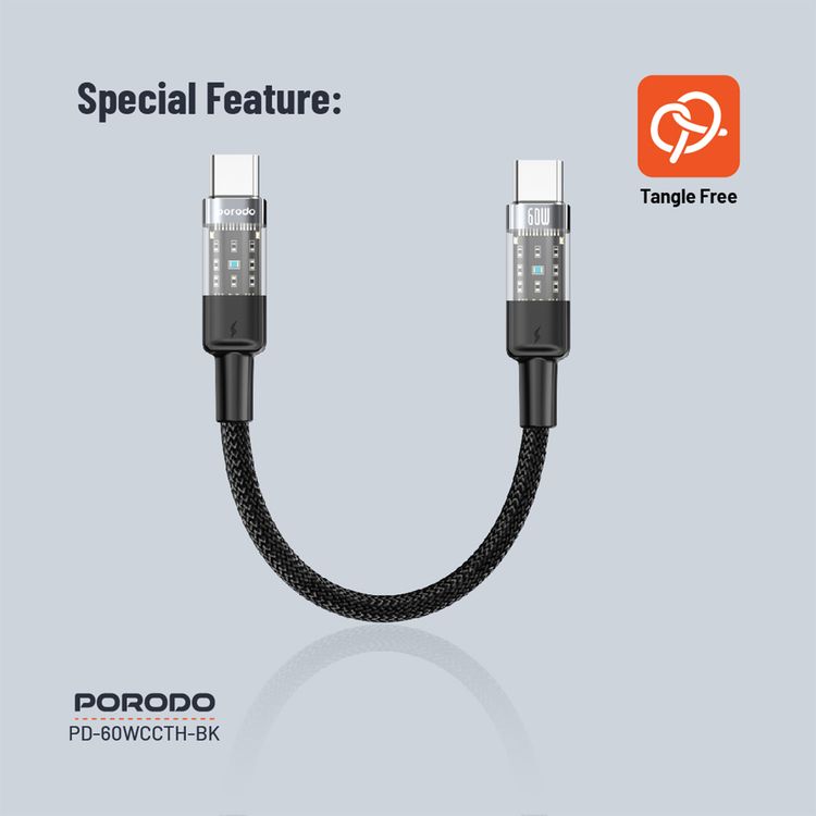 Porodo Braided USB-C to USB-C Cable with Transparent Heads, 60W Power Delivery, 480Mbps Transfer Speed, Fast Charge & Data Sync, Tangle-Free Design, 35cm Cable Length, High-Grade Components - Black