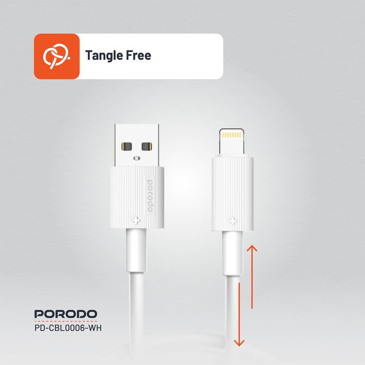 Porodo USB A to Lightning PVC Cable 3m, 480Mbps, 2.4A, more than 15000 Bends Life Span, Tangle Free - White