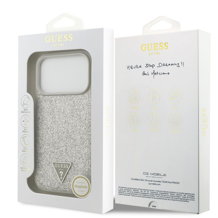 Guess MagSafe PU Leather Fixed Glitter Case with Triangle Logo for iPhone 17 Pro Max, Slim Profile, Easy Snap-On, Sustainable Packaging, Comfortable Grip, Drop Protection, Lightweight Design - Silver