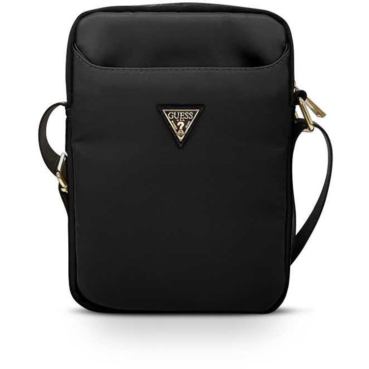 Guess Nylon 10" Tablet Bag with Metal Triangle Logo, Adjustable Shoulder Strap, Multiple Compartments, High-Quality Nylon Material - Black