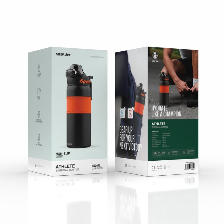 Green Lion Athlete Thermal Bottle, 550 mL Capacity, 12 Hours Thermal Efficiency, 14 Hours Cooling Efficiency, Easy Press Button, 360°-Anti-Corrosion, Non-Slip Grip - Orange
