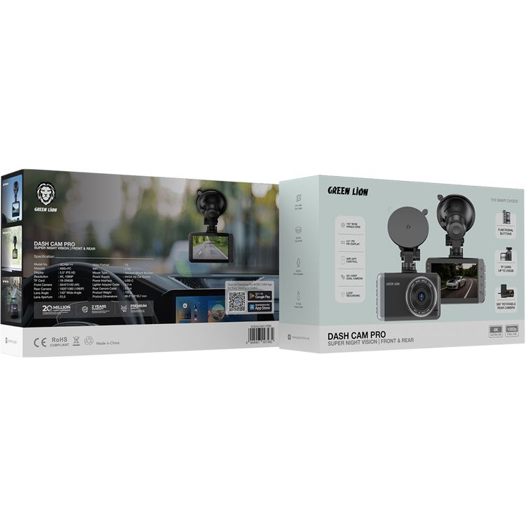 Green Lion Dash Cam Pro Front and Rear with Super Night Version, Suction Cup Mount, Built-in Microphone & Speaker, 12V Car Power Outlet, 140° Wide Angle Lens, 3.0" IPS HD Display, Functional Buttons, 4K & 1080 Pixels Resolution, USB-C Power Interface, 360° Rotatable Rear Camera - Black