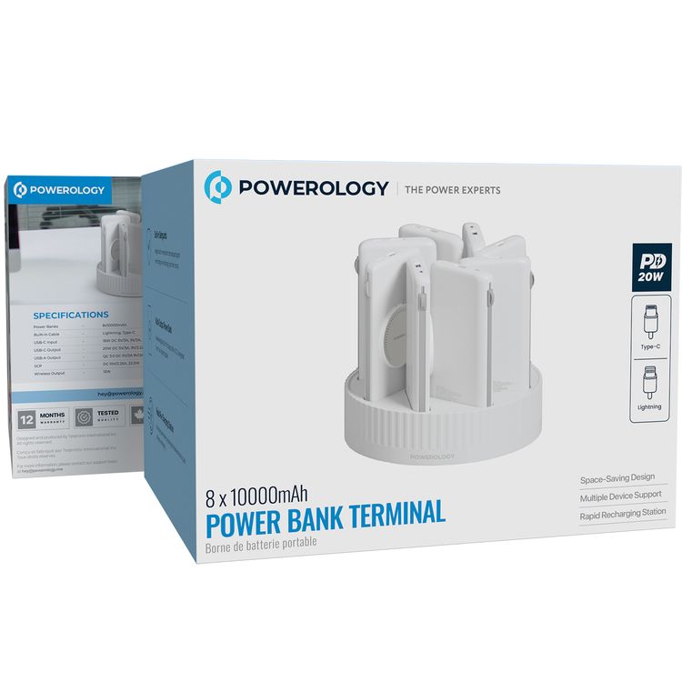 باور لولوجي 8 في 1 بنوك طاقة وقاعدة شحن مع 8 بطاريات بسعة 10000 مللي أمبير/ساعة، ومنفذي إخراج USB-C وUSB-A، وكابلات Lightning وType-C مدمجة، وشحن سريع، وشحن لاسلكي - أبيض