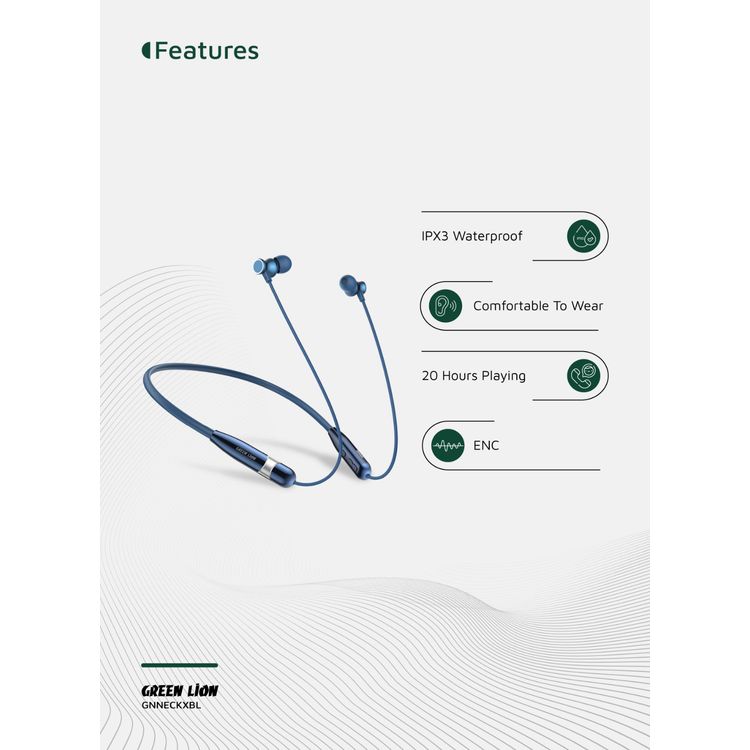 Green Lion Neck X Wireless Neckband with Magnetic Control, Comfortable to Wear, IPX3 Water Resistance Level, Type-C Charging Port - Blue