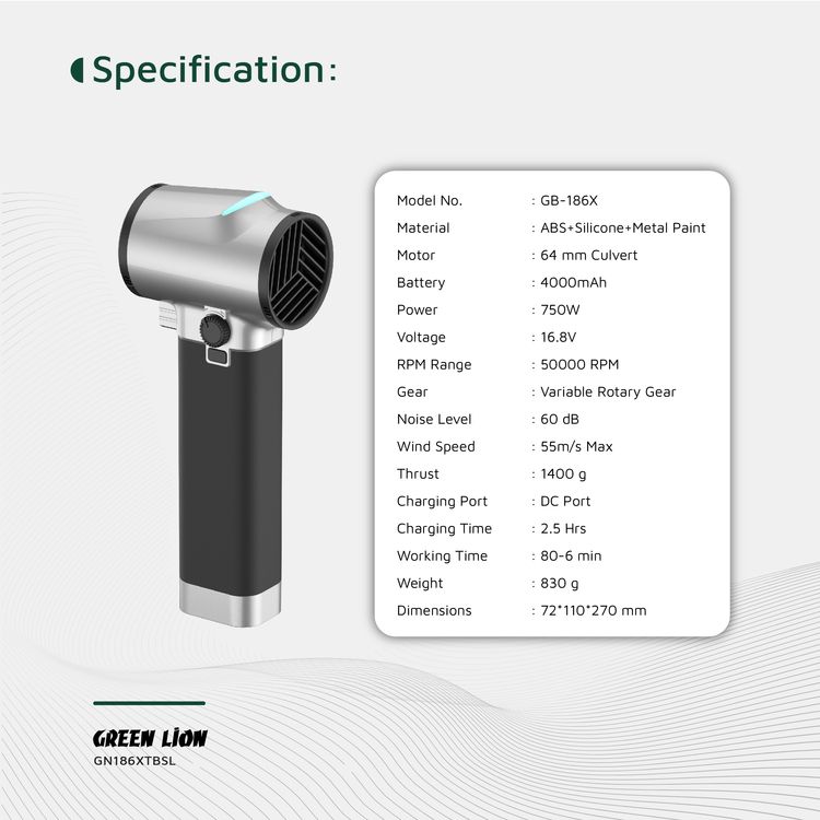 منفاخ توربو GB-186X من Green Lion بسعة بطارية 4000 مللي أمبير في الساعة، ومدة شحن 2.5 ساعة، ومدة عمل من 6 إلى 80 دقيقة، ومنفذ شحن تيار مستمر، ومادة طلاء ABS والسيليكون والمعادن - فضي