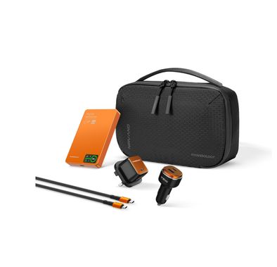 Powerology Nirvano 5-in-1 Power Travel Kit with 2.5L Travel Bag, 10000mAh MagSafe Power Bank, 75W Dual-Port USB-C + USB-A Output Car Charger, 45W GaN Wall Charger, 1m/60W USB-C Cable, UK 3-Pin Plug, N54 Magnet Type,  Car Charger Total Output 75W, Car Charger Material Zinc Alloy + PC - Black / Orange