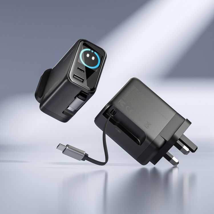 Powerology 100W TFT Adapter with Retractable Type-C Cable, GaN Technology, Ultra-Fast Charging, Multi-Device Charging, Built-in Safeguards, AI Temperature Protection, High Performance, Medium Load, Eco-Cool,  70cm Cable Length, 50/60 Hz Rated Frequency - Black