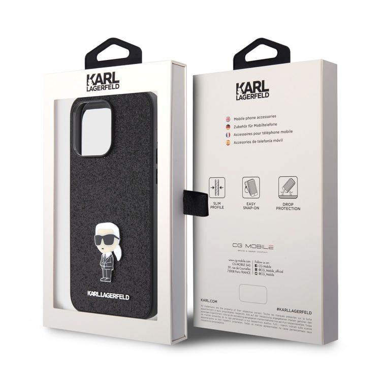 Karl Lagerfeld Fixed Glitter Case with Ikonik Logo Metal Pin - Black - iPhone 15 Pro Max