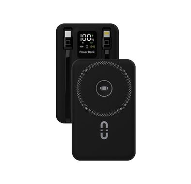 بورودو بنك طاقة لاسلكي مغناطيسي بسعة 10000 مللي أمبير مع حامل كابل مدمج USB-C + Lightning، شحن متزامن، عرض رقمي، PD 22.5W - أسود