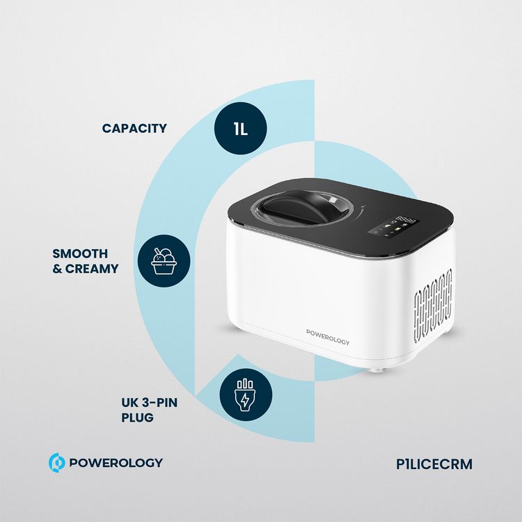 Powerology Ice Cream & Frozen Yogurt Machine with 4 Mixing Modes, 1L Capacity, 50 to 60 Minutes Preparation Time, Low-Noise Operation, 100W Cooling Power - White