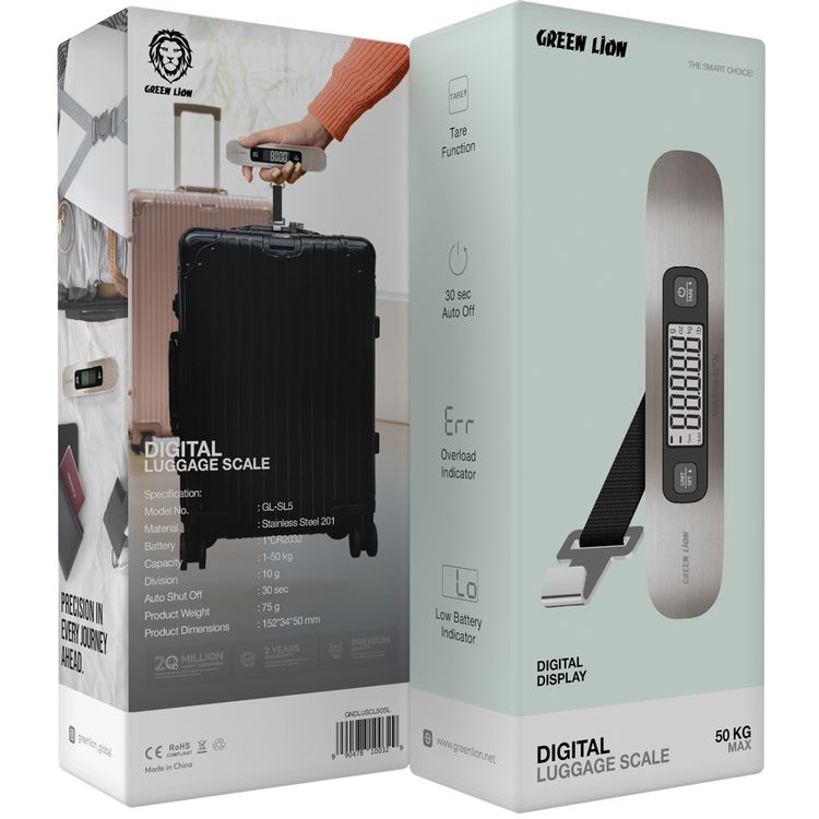 Green Lion Digital Luggage Scale with Overload & Low Battery Indicator, 30s Auto Shut Off, Tare Function, 1-50kg Capacity & 10g Division, Digital Display - Silver