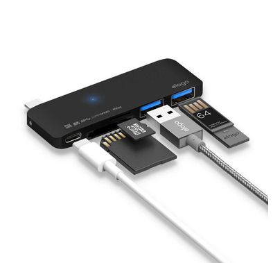 Elago Aluminum Multi Hub Type-C, SD Card Reader, MicroSD Card Reader, & two USB 3.0 ports, Multiple Devices All at Once (2W MAX), Perfect Travel Buddy! Stable Power Supply - Black