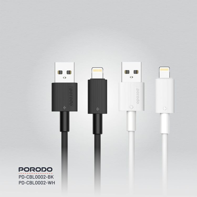 Porodo USB A to Lightning PVC Cable, 480Mbps, 2.4A Current, more than 15000 Bends Life Span, 1.2m Cable length, Tangle Free - Black