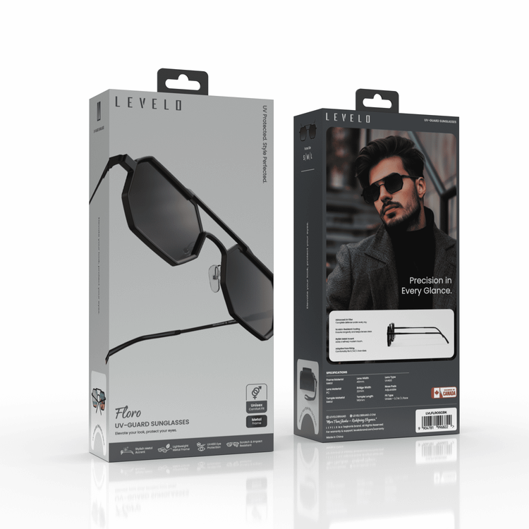 نظارات Levelo Floro UV-Guard مع حماية UV400، تصميم معدني أنيق، إطار معدني خفيف الوزن، مقاومة للخدش والصدمات، تصميم للجنسين - اللون الأسود