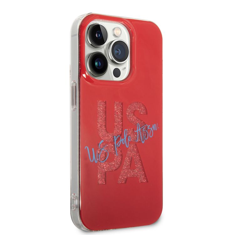 يو اس بولو أسن. حافظة بطاقة IML Glitter Script لهاتف iPhone 15 Pro Max - أحمر