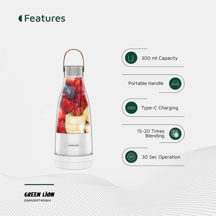 Green Lion Mix Mate Portable Juicer with 300mL Capacity, 1500mAh Battery Capacity, BPA Free PET Jar Material, Stainless Steel Blade Material, Type-C Charging Port, 3-4 Hours Charging Time - White