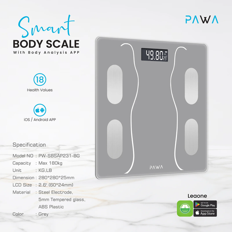 PAWA Smart Body Scale with Body Analysis iOS & Android App, 2.6" LCD Display, Kilogram & Pound Measurement Units, 2 x AAA Batteries, 180kg Maximum Weight Capacity - Gray