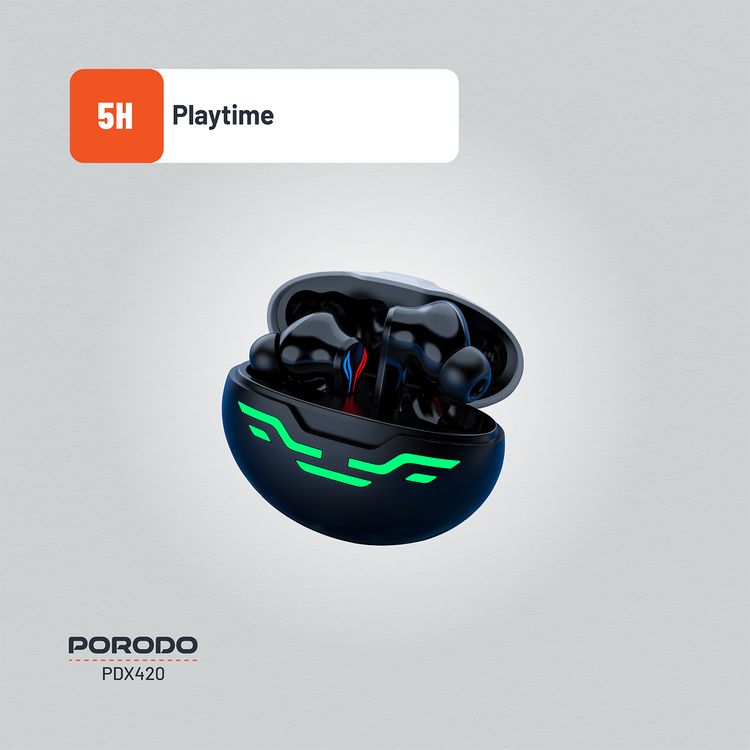 Porodo Gaming Ultra Low-Latency Gaming Earbuds, 5h Playtime, Bluetooth 5.4, ENC Support, RGB Breathing Lights, 200mAh Battery Capacity, 1000h Standby Time, Type-C Charging - Black  