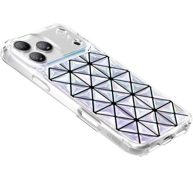 غطاء Levelo Hexa 3D الهندسي لهاتف iPhone 17 Pro Max، زوايا مقاومة للصدمات، حواف مرتفعة للكاميرا والشاشة، مصد مقاوم للصدمات، تقنية Ever-Clear، مجرب ضد السقوط - لون فضي