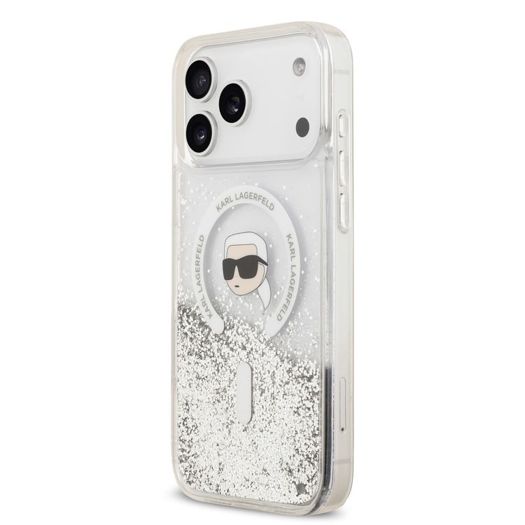Karl Lagerfeld MagSafe Liquid Glitter Case with Karl Head for iPhone 17 Pro Max, Drop Protection, Easy Snap-On, Slim & Lightweight Design, Sustainable Packaging, Comfortable Grip - Transparent