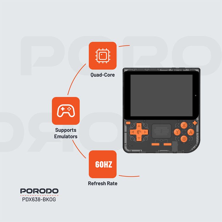 وحدة تحكم ألعاب Porodo Gaming Retro Arcade، محاكي ثلاثي الأبعاد، تصميم مريح، تشغيل صوتي غامر، شاشة IPS مقاس 3.5 بوصة، عمر بطارية 6 ساعات، بطارية 3000 مللي أمبير في الساعة - أسود / برتقالي 