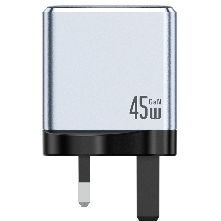 Green Lion GaNPremium UK Plug Wall Charger with 45W Power Delivery, 0%-50% Charge in 30 Minutes, PC Flame Retardant Material, USB-C & USB-A Ports - Gray