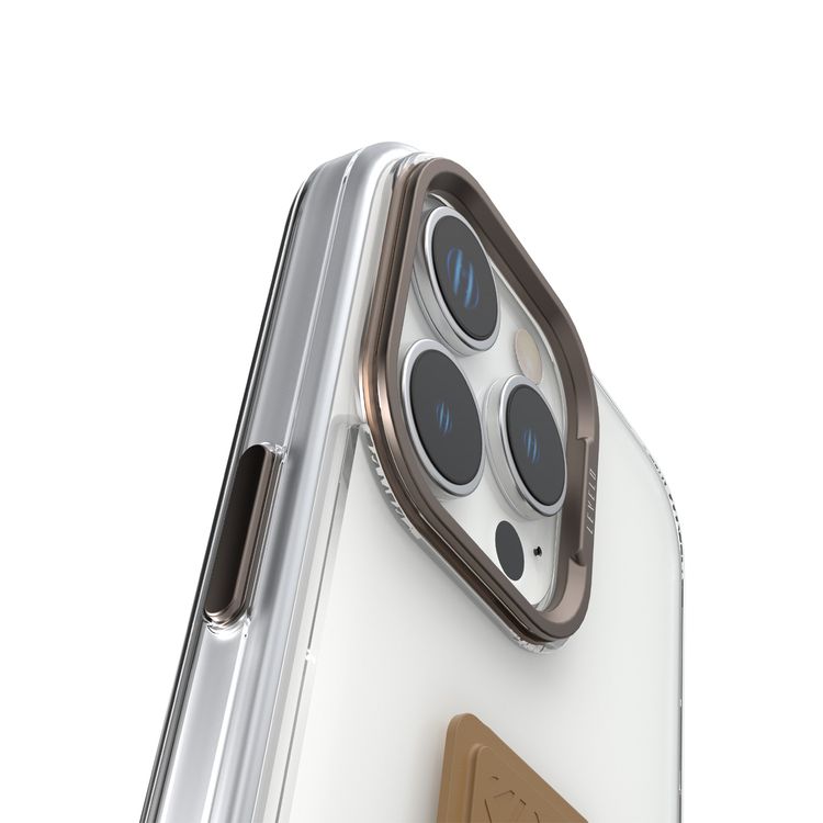 Levelo Morphix Clara Case for iPhone 16 Pro Max, Hybrid Material, Impact-Resistant Corners, Built-in Leather Grip, Metal Camera Ring - Rose Gold Titanium