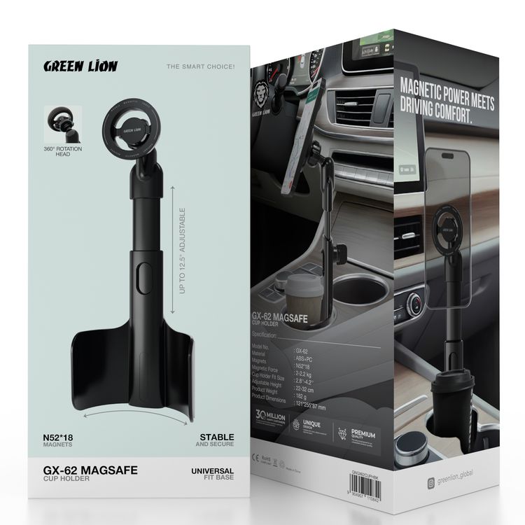  Green Lion GX-62 Magsafe Cup Holder with ABS+PC Material, Universal Fit Base, Expandable Base Wings, 360° Rotation Head, Space-Saving Design, Non-Slip Grip Pads, Strong Magnetic Adsorption - Black