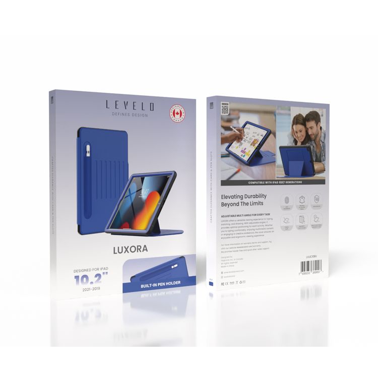 Levelo Luxora Case for iPad 10.2" (2019-2021), Adjustable Multi-Angle Viewing, Premium PU Leather Finish, Shockproof, Anti-Fingerprint, Built-in Pen Holder & Built-in 2 Card Slots, Magnetic Flap Closure - Blue