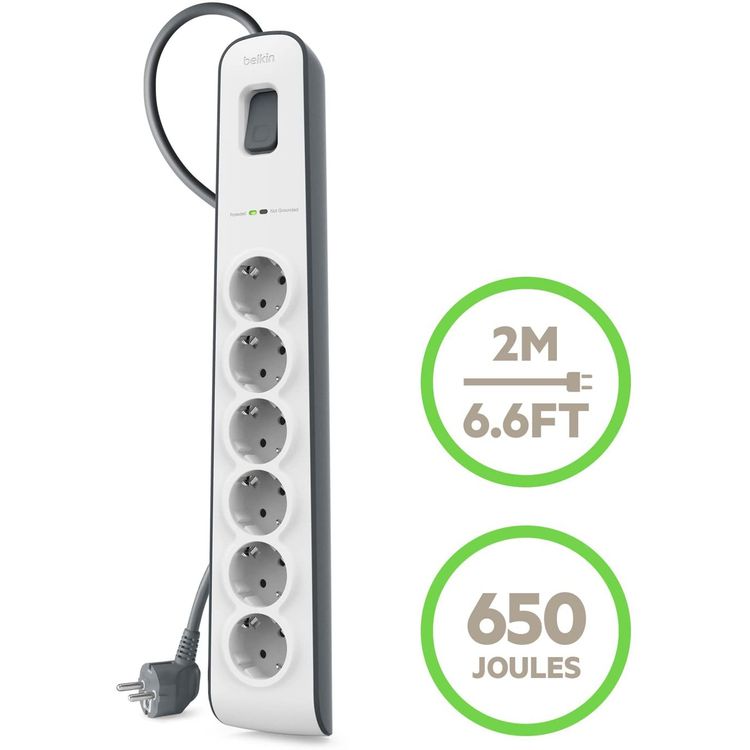 Belkin Surge Master Protector 6 Outputs with 2m Power Cable EU, Surge Strip Compatible for DVD Player, Gaming Console, Speakers & Other Medium-sized Appliances - White