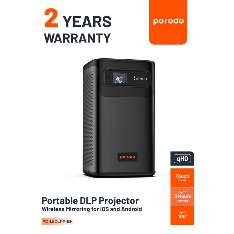 Porodo Portable DLP Projector with Wireless Mirroring for iOS and Android, 8000mAh Battery, 2-3 Hours Working Time, 180 ANSI Brightness, 16:9  Screen Ratio, 2 Integrated Speakers - Black