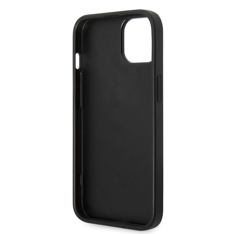 Guess PU Leather Saffiano Case with Metal Logo & Hot Stamp Stripes iPhone 14 Plus Compatibility - Black