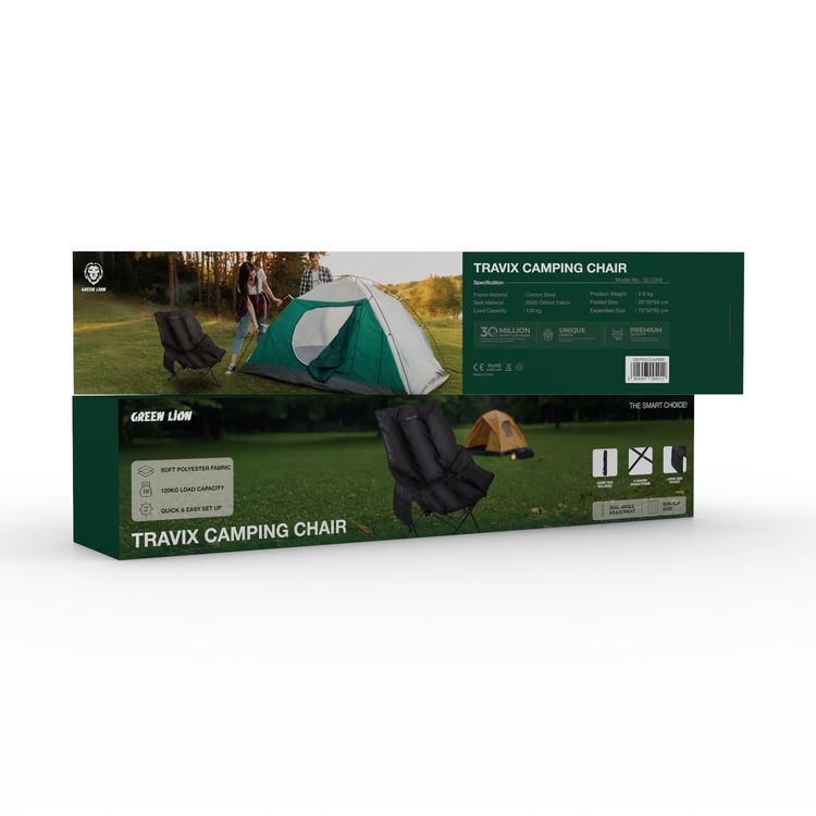 Green Lion Travix Camping Chair with Non-Slip Base, Large Side Pocket, Adjustable Backrest, High-Quality Fabric, Lightweight Design, Carry Bag Included - Black