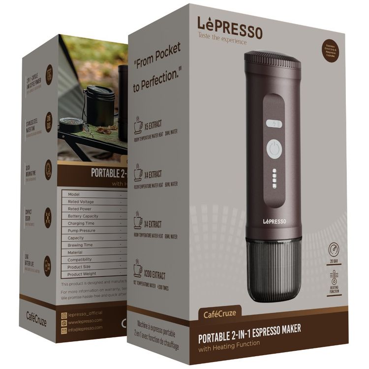 LePresso Portable 2-in-1 Espresso Maker with Heating Function, 3-4 Minutes Brewing Time, 65mL Capacity, Coffee Powder & Nespresso Capsules Compatibility, 95W Rated Power, Stainless Steel Water Tank - Brown