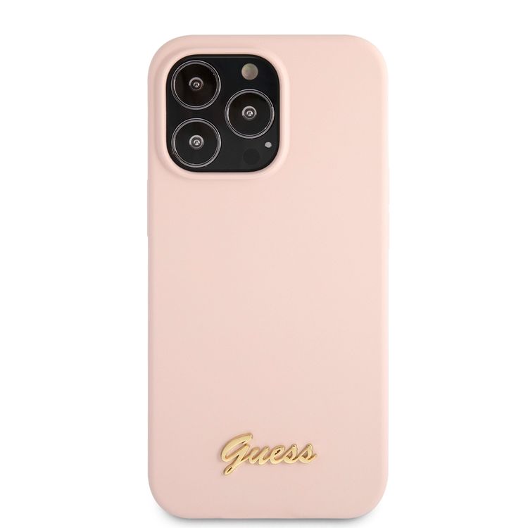 CG MOBILE Guess Liquid Silicone Case with Gold Metal Logo Script Compatible for iPhone 13 Pro (6.1") Anti-Scratch, Easy Access to All Ports, Shock Absorption