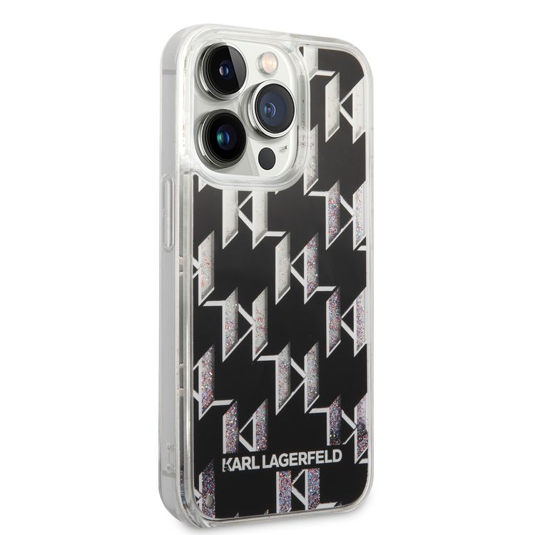 Karl lagerfeld Liquid Glitter Case Monogram Pattern & Multicolor Glitter iPhone 14 Pro Compatibility - Black