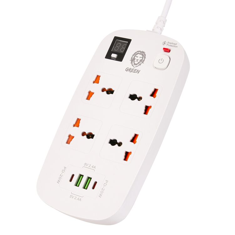Green Lion Multiport Smart Power Socket, 4 AC Sockets, 2 USB-A & 2 USB-C Ports, 1-24 Hours Timer Function, Over Voltage, Over Current & Over Heat Protection, Power Surge Protection - White