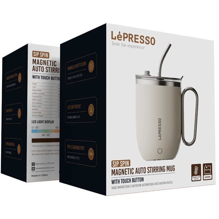 LePresso Sip Spin Magnetic Auto-Stirring Mug with Touch Button, 420mL Capacity, 300mAh Battery, 30s Mixing Time, USB-C Charging Port, Leak-proof Lid, Thermal Insulation, Durable & Easy-to-Clean Design - White