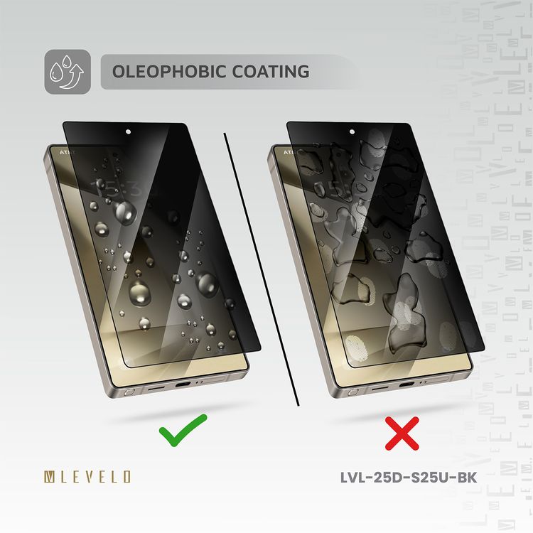 Levelo 2.5D Silk Print HD Privacy Glass for Samsung Galaxy S25 Ultra, High Silicone Aluminum, 0.25mm Ultra Thin, Scratch-Resistant, Oleophobic & Hydrophobic Coating, Instant Fingerprint Unlock, Air Bubble Prevention, Explosion- Proof, Auto-Exhaust - Black