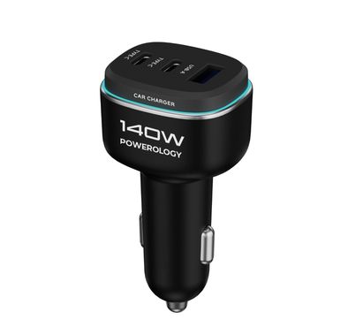 Powerology 140W Triple-Port High-Power Car Charger, 140W Total Output, LED Ambient Light, Fast Charge, USB-A & Dual USB-C Ports, Zinc Alloy with Oil Painting Finish Material - Black / Gray