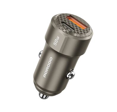 Porodo 50W Dual Port Car Charger, 20W Power Delivery, Simultaneous Fast Charging, 30W Quick Charge, Multi Protection, Carbon Fiber Print, Lightweight & Portable - Titanium