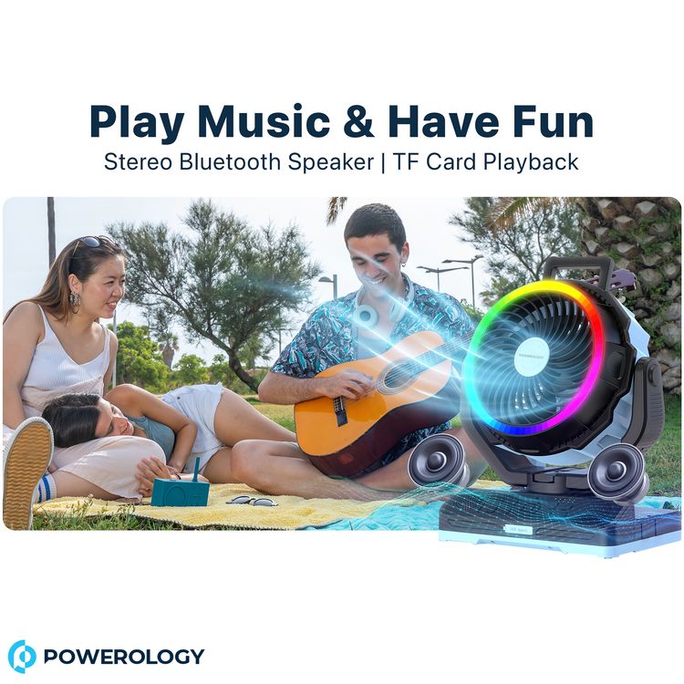 Powerology Ventopower Outdoor 40K Oscillating Fan with 6 Speed Levels, High Capacity Battery, Timer, Dynamic Mood Lighting, TF Card Playback, Oscillating Fan Head - Black