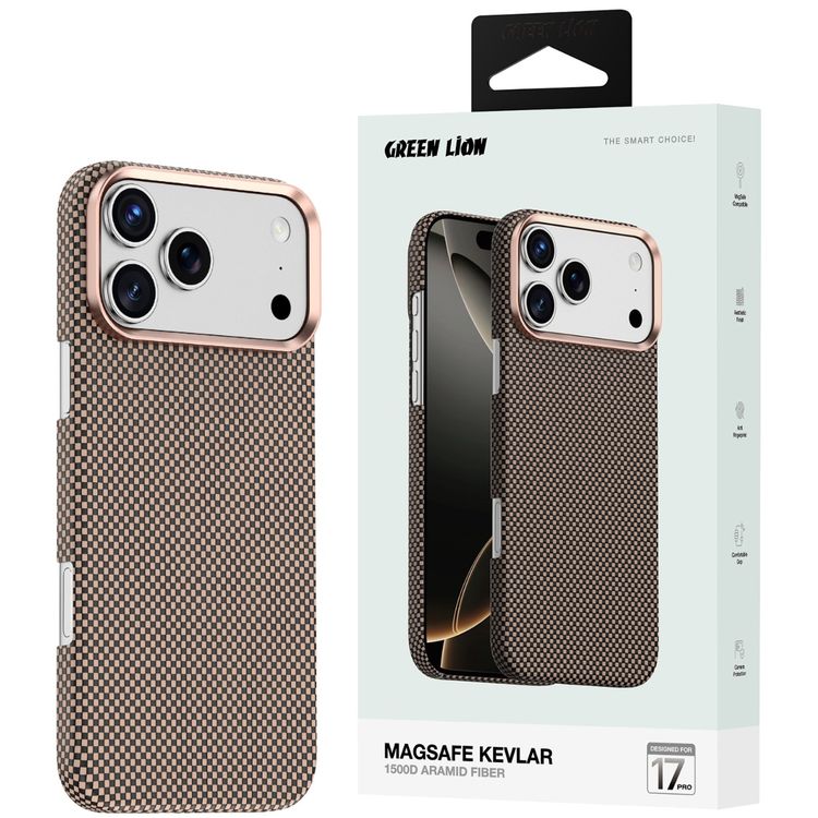 Green Lion Magsafe Kevlar Case for iPhone 17 Pro, Comfortable Grip, Aluminum Alloy Guard, Drop Protection, Lightweight Design, Ultra-Slim - Black / Gold